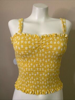 Riley & James Yellow Smocked Floral Cami crop summer Top L